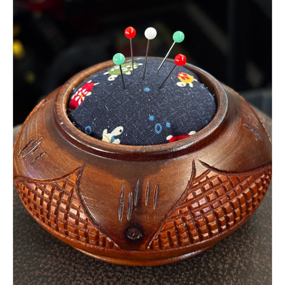 Engraved wooden Pin Cushion with Vintage Turtle material used.